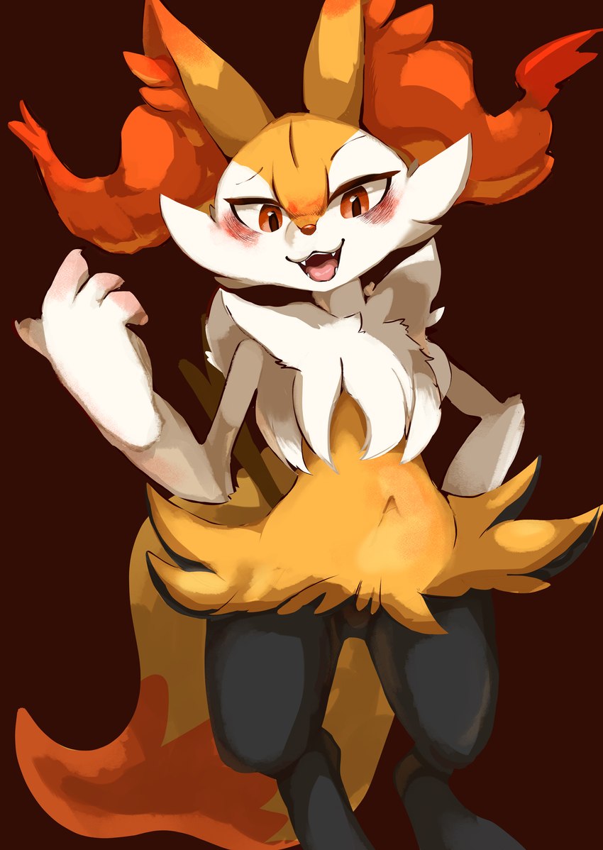 ambiguous_gender anthro black_body blush digitigrade female fluffy fluffy_tail fur inner_ear_fluff looking_at_viewer navel orange_body orange_fur simple_background solo stick tail tuft white_body white_fur yellow_body yellow_fur izon448 nintendo pokemon braixen canid canine generation_6_pokemon mammal pokemon_(species) absurd_res hi_res