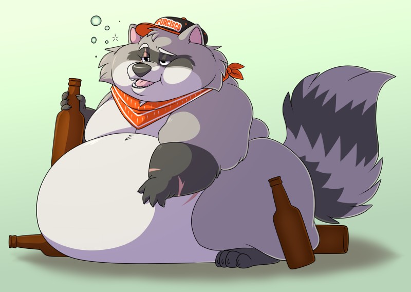 alcohol anthro baseball_cap belly beverage big_belly bottle chubby_cheeks claws clothing container drunk facial_markings fur grey_body grey_fur hand_on_belly hat head_markings headgear headwear holding_bottle holding_container holding_object huge_belly hyper hyper_belly kerchief love_handles male markings mask_(marking) morbidly_obese morbidly_obese_anthro morbidly_obese_male mostly_nude obese obese_anthro obese_male open_mouth overweight overweight_anthro overweight_male ring_(marking) ringed_tail simple_background solo standing striped_markings striped_tail stripes substance_intoxication tail tail_markings text thick_thighs toe_claws wide_hips shikakaka rocky_ramos mammal procyonid raccoon