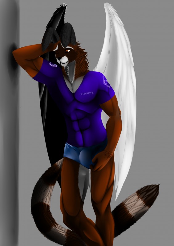 anthro black_wings bulge clothed clothing feathered_wings feathers front_view fully_clothed male mismatched_wings muscular muscular_anthro muscular_male smile solo standing tail tight_clothing white_wings wings skyeder0 hybrid lagomorph mammal procyonid raccoon skvader absurd_res hi_res