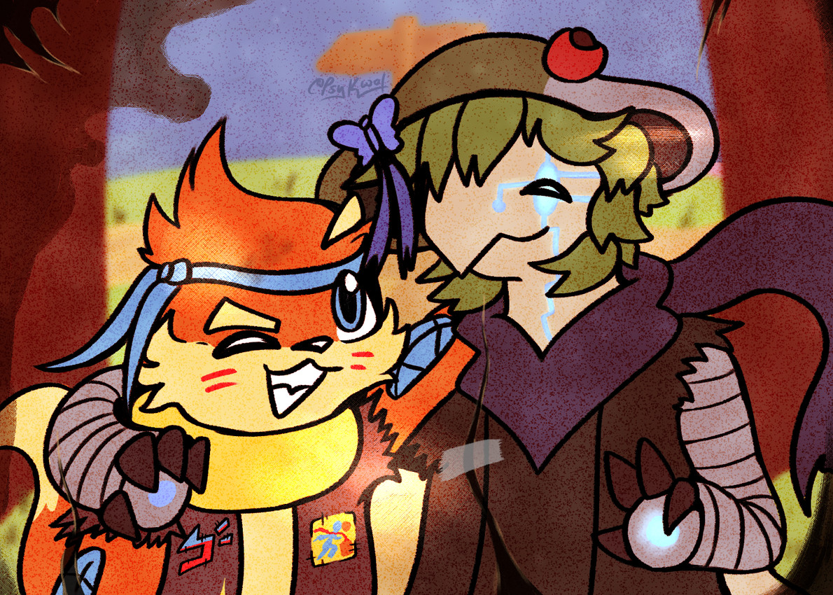 accessory battle_vest blue_eyes butterfly_clip clothing cybernetic_arm cybernetic_limb cybernetics duo eyebrows female fur gesture grass green_body green_clothing green_shirt green_topwear green_tunic hand_gesture headband leaf leaf_hair machine male metal_claws metallic_body old_photograph orange_body orange_fur photo plant plant_hair pseudo_hair ribbons scarf shirt sign smile tan_body teeth topwear tunic v_sign yellow_body psykwol nintendo pokemon ellie_(psykwol) firebird_(psykwol) breloom buizel cyborg generation_3_pokemon generation_4_pokemon pokemon_(species)