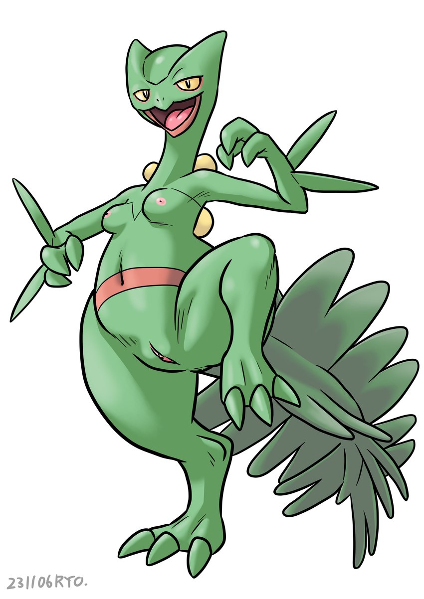 3_fingers 3_toes anthro anthrofied areola biped breasts claws feet female fighting_pose fingers genitals green_arms green_body green_breasts green_fingers green_head green_legs green_neck green_scales green_tail green_toes inverted_nipples leaf_blade looking_at_viewer multicolored_body multicolored_scales navel nipples non-mammal_breasts non-mammal_navel non-mammal_nipples non-mammal_pussy nude nude_anthro nude_female one_leg_up open_mouth pink_areola pink_pussy pink_tongue pokemorph pose pussy raised_leg red_body red_scales scales seed seeds_on_back simple_background small_breasts solo tail thick_thighs toe_claws toes tongue two_tone_body two_tone_scales white_background yellow_sclera ryou nintendo pokemon generation_3_pokemon pokemon_(species) reptile scalie sceptile 2023 absurd_res artist_name dated digital_drawing_(artwork) digital_media_(artwork) full-length_portrait hi_res pinup portrait smaller_version_at_source