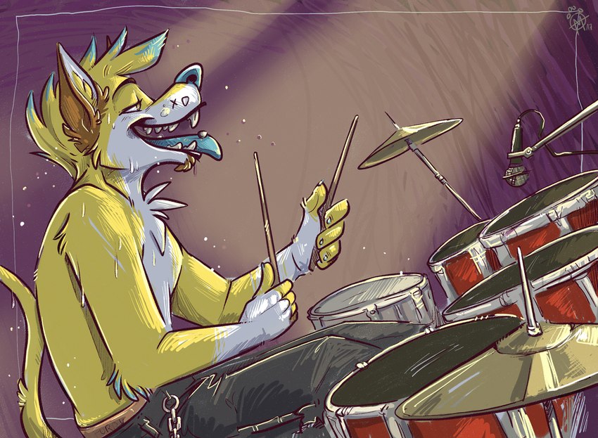 anthro blue_nose blue_tongue bodily_fluids bottomwear clothed clothing drum drumstick_(musical) electronics fur holding_object male microphone microphone_stand musical_instrument open_mouth percussion_instrument playing_drum playing_music sitting solo sweat teeth tongue tongue_out topless white_body white_fur yellow_body yellow_fur mlice safiel canid canine felid fox hybrid lion mammal pantherine 2021