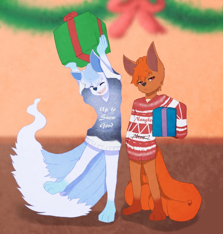 anthro barefoot bottomless christmas_gift clothed clothing duo excited eyes_closed feet gift holding_gift holding_object looking_at_viewer male multi_tail oversized_clothing oversized_shirt oversized_topwear shirt smile standing sweater tail text text_on_clothing text_on_sweater text_on_topwear topwear unimpressed young young_anthro littlerager nintendo pokemon al_(littlerager) ken_(littlerager) alolan_form alolan_vulpix canid canine generation_1_pokemon generation_7_pokemon mammal pokemon_(species) regional_form_(pokemon) vulpix 2016 english_text hi_res