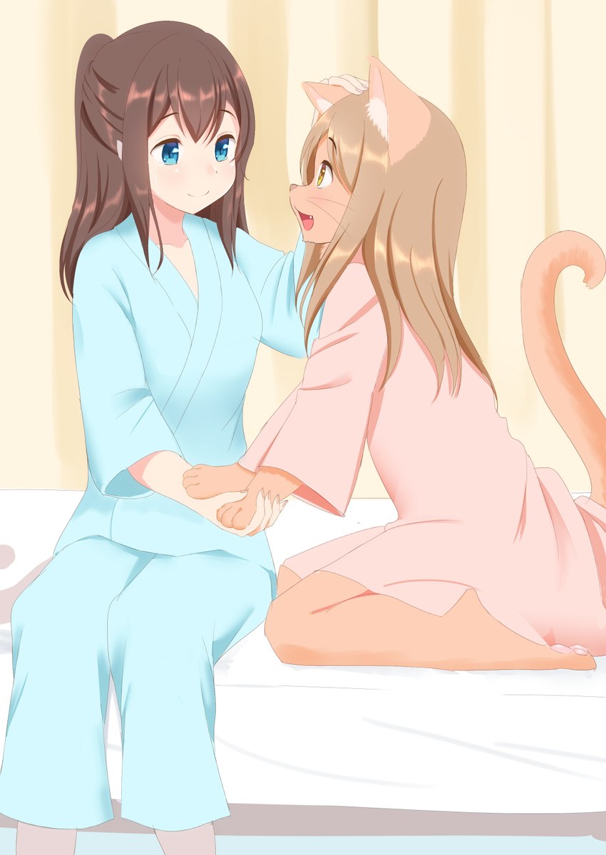 anthro barefoot blue_eyes bodily_fluids breasts brown_hair clothed clothing duo fangs feet female hair happy implied_transformation long_hair ponytail sitting smile tears teeth yellow_eyes roina domestic_cat felid feline felis human mammal 2018 hi_res