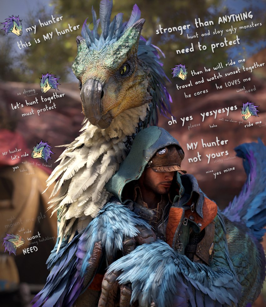 armor aroused beak beard blue_body blue_feathers blurred_background blush breeding_request claws clothed clothing desire detailed_background duo facial_hair feathered_crest feathered_tail feathers female female_feral feral fluffy fluffy_chest fluffy_tail green_body green_scales head_crest headgear horn hug hugging_another hugging_from_behind infatuation larger_female larger_feral looking_at_viewer looking_away looking_down male male/female mount mount/rider_relations neck_tuft orange_body orange_scales outside plant possessive pupils purple_body purple_feathers rider rock scales shaking size_difference slit_pupils smaller_human smaller_male smile standing tail tent text tight_hug tree tuft white_body white_feathers wide_hips yellow_eyes ivorylagiacrus showfran capcom monster_hunter human mammal scalie seikret 2025 3d_(artwork) absurd_res artist_collaboration blender_(artwork) digital_drawing_(artwork) digital_media_(artwork) english_text hi_res