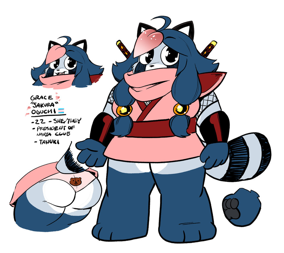 ahoge anthro armwear back-print_panties big_butt blue_body blue_fur blue_hair butt clothing female fishnet_armwear fishnet_clothing fur grey_body grey_fur hair leaf lgbt_pride markings melee_weapon multicolored_body multicolored_fur ninja overweight overweight_anthro overweight_female panties panty_shot pink_clothing pink_panties pink_underwear pride_colors print_clothing print_panties print_underwear solo striped_markings striped_tail stripes sword sword_on_back tail tail_markings text thick_thighs transgender_pride_colors underwear warrior weapon wide_hips anaugi sakura_(anaugi) canid canine mammal raccoon_dog tanuki english_text hi_res model_sheet trans_(lore) trans_woman_(lore)