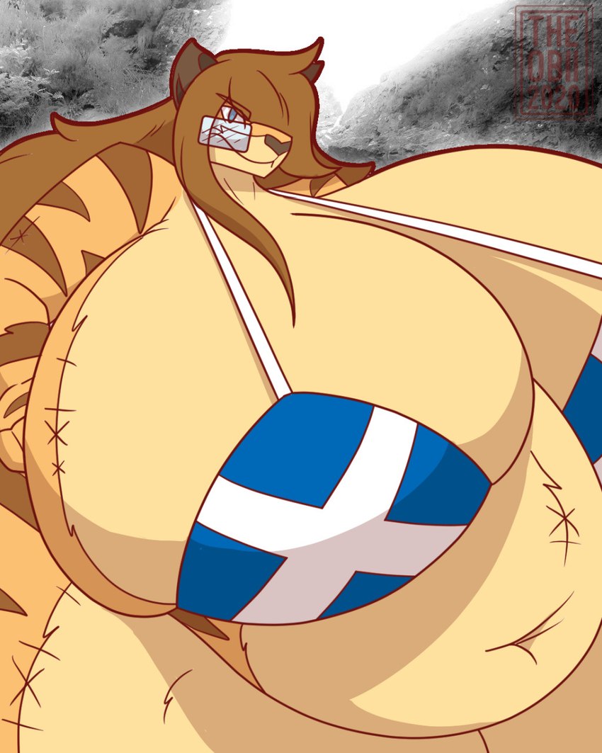 annoyed anthro belly big_belly big_breasts bikini breasts clothed clothing eyewear female fur glasses hair hands_on_hips huge_breasts hyper hyper_breasts looking_at_viewer obese obese_anthro obese_female overweight overweight_anthro overweight_female plushie scottish_flag simple_background slightly_chubby solo swimwear thick_thighs two-piece_swimsuit wide_hips theobii locke_(bradythewwefan) animate_inanimate felid living_plushie mammal pantherine tiger 4:5 digital_media_(artwork) hi_res trans_(lore)