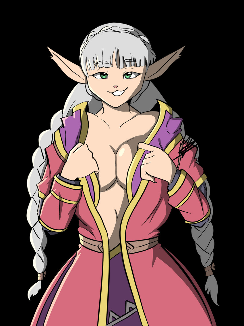 braided_hair breasts clothed clothing exposed_breasts female hair humanoid_pointy_ears not_furry pointy_ears simple_background smug solo undressing makodegenerate golden_sun sveta humanoid 3:4 alpha_channel hi_res