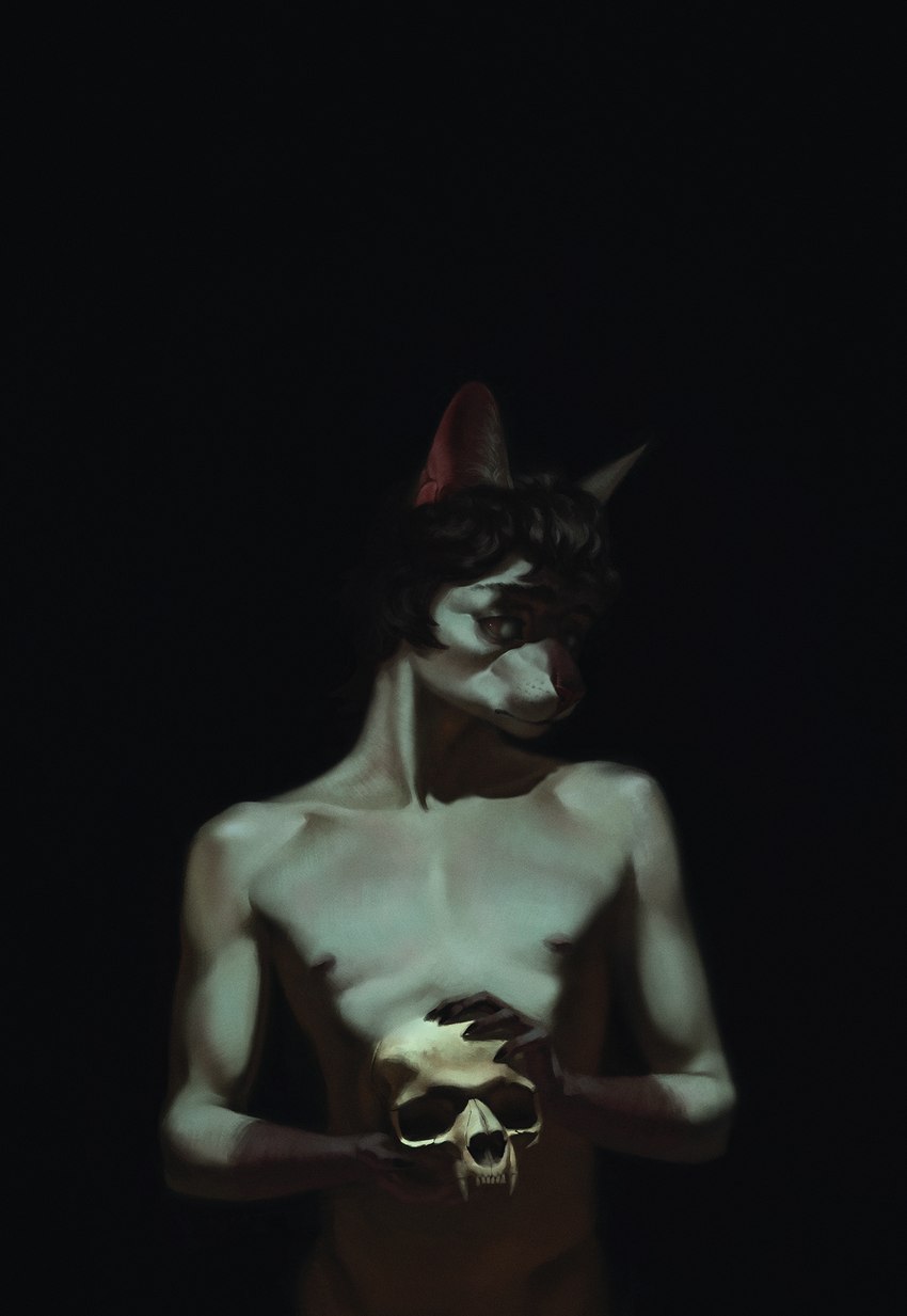 anthro blind bone dark_room disability holding_object horror_(theme) male nipples nude skull skull_head solo bra1neater domestic_cat felid feline felis mammal 2023 digital_media_(artwork) hi_res portrait