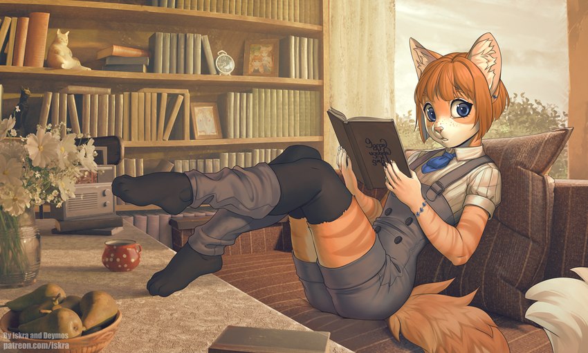 5_fingers alternative_fashion anthro armband blue_eyes book bookshelf clock clothed clothing container cup curtains electronics feet female fingers flower food fruit fully_clothed fur furniture holding_book holding_object inner_ear_fluff j-fashion leaning leaning_backward legwear looking_aside on_sofa orange_body orange_fur ouji_(fashion) overalls pantyhose paws pear picture_frame pillow plant radio shirt sitting sitting_on_sofa sofa solo striped_body striped_fur stripes table tail text thick_thighs toes topwear tuft window deymos iskra vera_(iskra) domestic_cat felid feline felis mammal 2023 5:3 artist_collaboration url