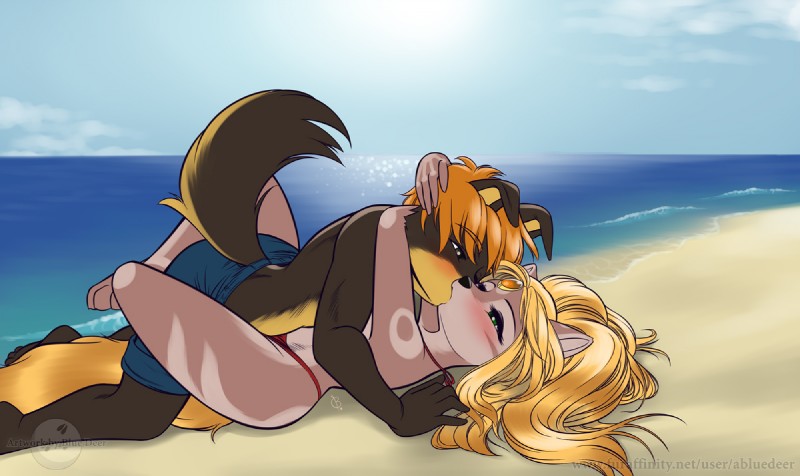 anthro arms_around_neck barefoot beach blonde_hair brown_body brown_fur clothing cloud detailed_background duo eyelashes feet female fur green_eyes hair kiss_on_lips kissing leg_wrap lying making_out male male/female multicolored_body multicolored_fur on_back orange_hair outside sand seaside sky swimming_trunks swimwear tail tan_body tan_fur toes two_tone_body two_tone_fur water abluedeer kingofkof maya_(skimike) miles_(kingofkof) canid canine canis domestic_dog mammal