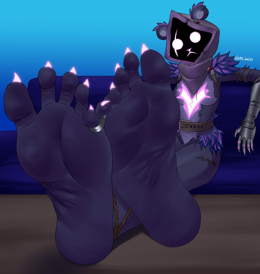 5_toes anthro armor barefoot bdsm big_butt black_body black_skin blue_background bondage bound breasts butt claws clothing crossed_legs cuff_(restraint) eye_scar facial_scar feet female foot_fetish foot_focus foot_on_table fur furniture gauntlets gloves glowing glowing_claws handwear hood humanoid_feet legs_up looking_at_viewer plantigrade purple_body purple_eyes purple_fur restraints rope rope_bondage scar shackles shadow_face shocked simple_background sitting soles solo submissive submissive_female table tickle_torture tickling toe_restraints toes ssunsalm epic_games fortnite raven_team_leader bear mammal hi_res