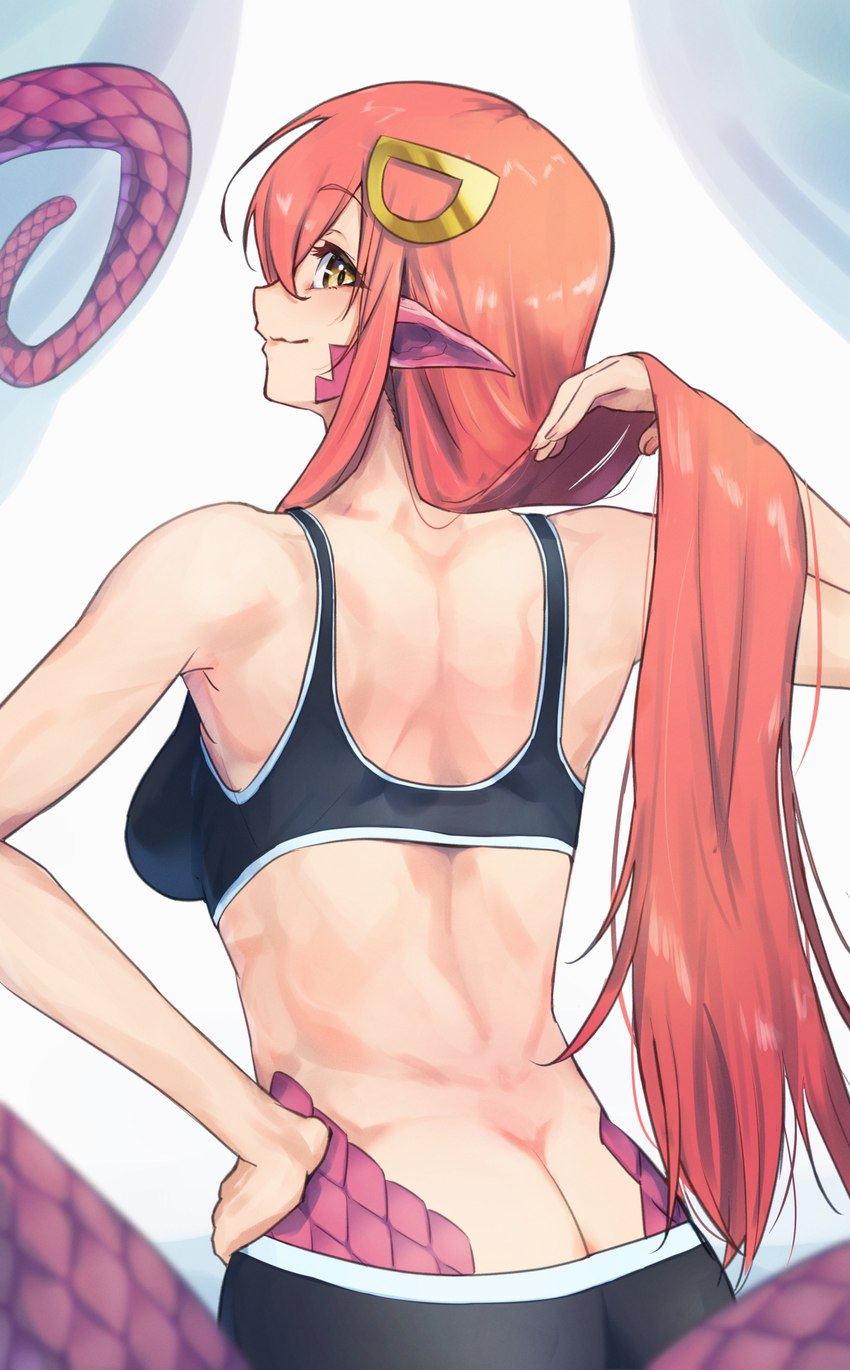 accessory amber_eyes apode athletic athletic_female back_muscles boxer_briefs boxers_(clothing) bra butt clothing female hair hair_accessory hand_on_hip holding_hair humanoid_pointy_ears legless lifting_hair long_hair looking_at_viewer looking_back monster_girl_(genre) pointy_ears rear_view red_hair scales serpentine solo split_form sports_bra touching_hair underwear harako_mesi monster_musume miia_(monster_musume) animal_humanoid draconcopode humanoid lamia reptile reptile_humanoid scalie scalie_humanoid snake snake_humanoid better_version_at_source hi_res