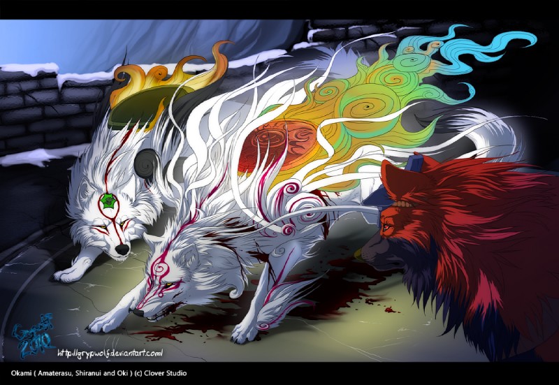 ambiguous_gender blood bodily_fluids feral fur group outside quadruped snow tail white_body white_fur grypwolf capcom clover_studio okami_(capcom) amaterasu_(okami) issun_(okami) oki_(okami) shiranui_(okami) canid canine canis deity mammal poncle wolf