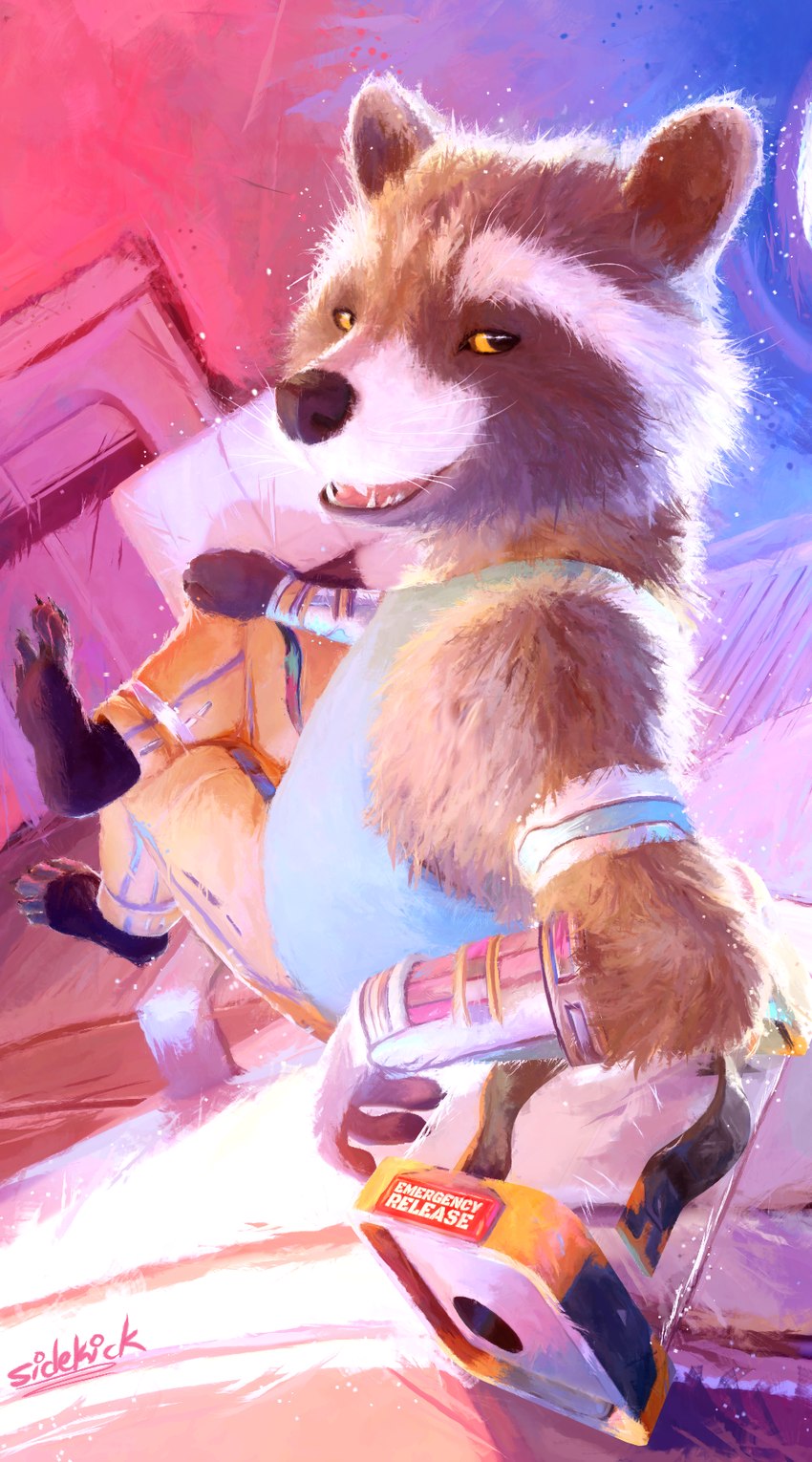 bottomwear brown_body brown_fur clothed clothing fur looking_at_viewer looking_back looking_back_at_viewer pants reclining shirt snout tank_top topwear whiskers wrist_guards yellow_sclera sidekick guardians_of_the_galaxy marvel rocket_raccoon mammal procyonid raccoon hi_res watermark