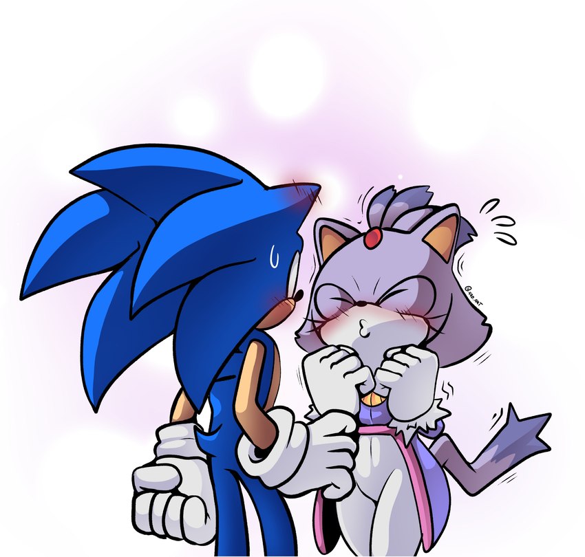 anthro blue_body blush bodily_fluids bottomwear chakram clothing coat duo eyelashes eyes_closed female gloves hair handwear jewelry male navel_outline necklace pants ponytail puckered_lips purple_body sweat tail topwear xao_art sega sonic_the_hedgehog_(series) blaze_the_cat sonic_the_hedgehog domestic_cat eulipotyphlan felid feline felis hedgehog mammal absurd_res hi_res