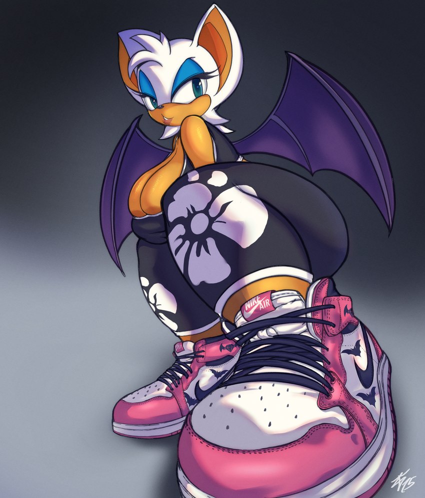 anthro blue_eyes bottomwear breasts cleavage clothed clothing eyeshadow female footwear fur makeup membrane_(anatomy) membranous_wings pants shoes simple_background solo tan_body tan_skin white_body white_fur wings zframe nike sega sonic_the_hedgehog_(series) rouge_the_bat bat mammal 2023 absurd_res hi_res signature