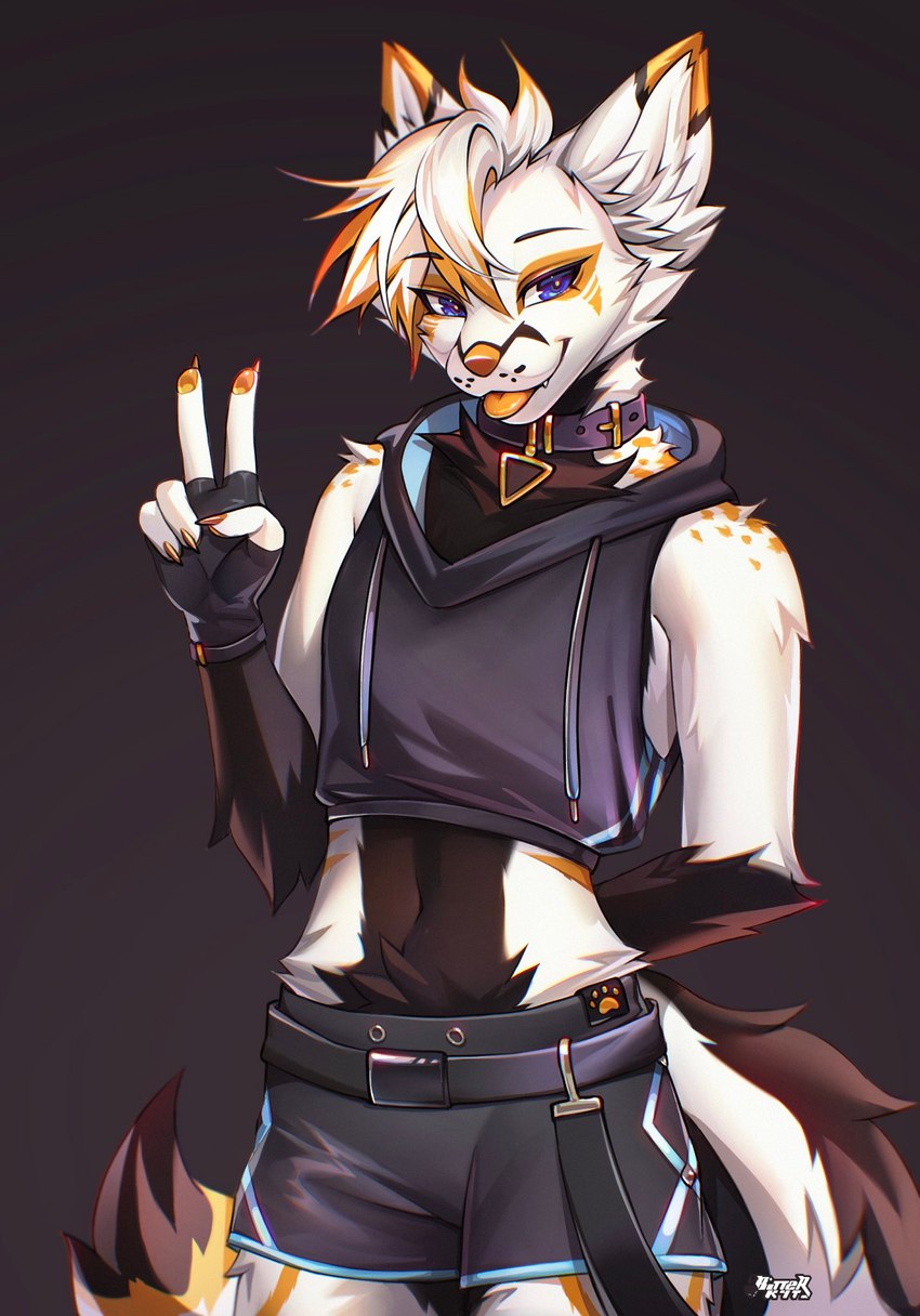 5_fingers anthro blep blue_eyes bottomwear clothing collar crop_top cropped_hoodie dipstick_tail fingers fur gesture hair hand_gesture looking_at_viewer male markings midriff navel orange_body orange_fur orange_nose orange_spots orange_tongue pawpads shirt shorts solo spots tail tail_markings tongue tongue_out topwear v_sign white_body white_fur white_hair bitterk4t canid canine fox mammal 2024 digital_drawing_(artwork) digital_media_(artwork) hi_res