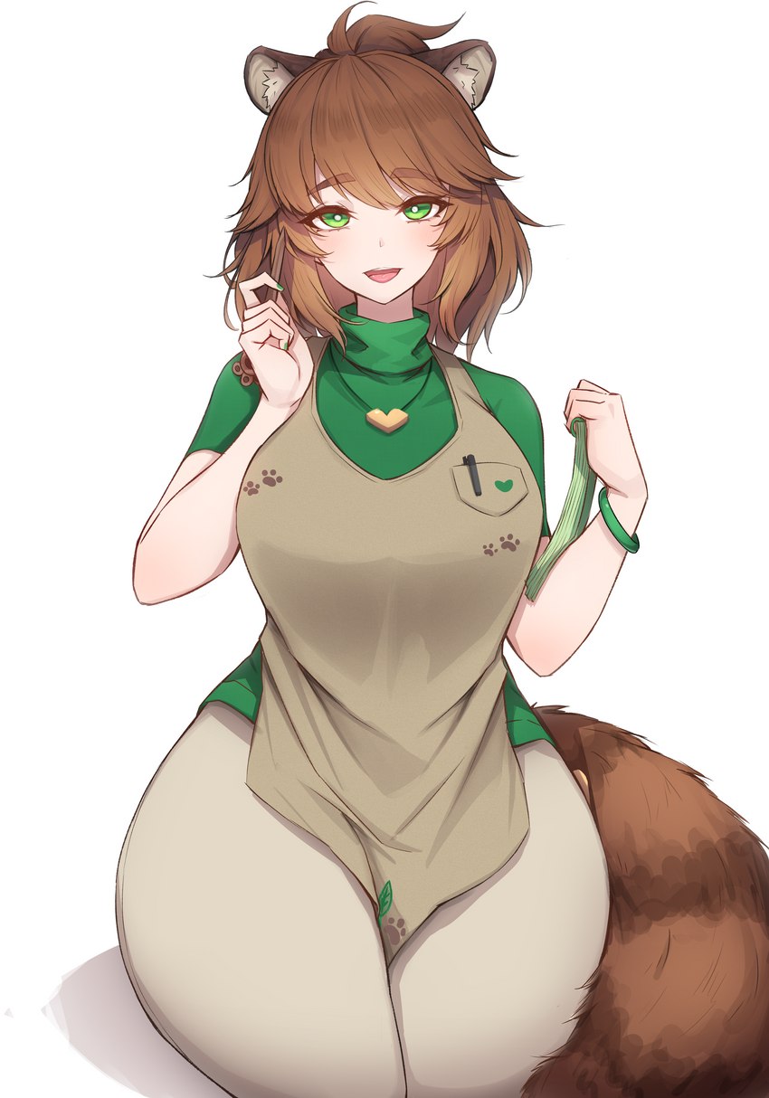 5_fingers apron barista big_breasts biped bracelet breasts brown_apron brown_body brown_clothing brown_ears brown_fur clothed clothing curvy_figure eyelashes female fingers fluffy fluffy_tail front_view fur green_clothing green_eyes green_shirt green_topwear hair heart_symbol holding_notebook holding_object holding_pencil humanoid_hands inner_ear_fluff jewelry light_body light_skin looking_at_viewer markings monotone_hair multicolored_body multicolored_ears multicolored_fur multicolored_tail necklace notebook open_mouth open_smile pawprint_print pelvic_curtain pencil_(object) pendant pink_tongue pupils ring_(marking) ringed_tail shirt simple_background sitting smile solo striped_markings striped_tail stripes tail tail_markings thick_thighs tongue topwear tuft two_tone_body two_tone_ears two_tone_fur two_tone_tail white_background white_inner_ear white_inner_ear_fluff white_pupils wide_hips rikuguma animal_humanoid canid canid_humanoid canine canine_humanoid humanoid mammal mammal_humanoid tanuki_humanoid 2023 absurd_res colored digital_media_(artwork) hi_res portrait shaded three-quarter_portrait