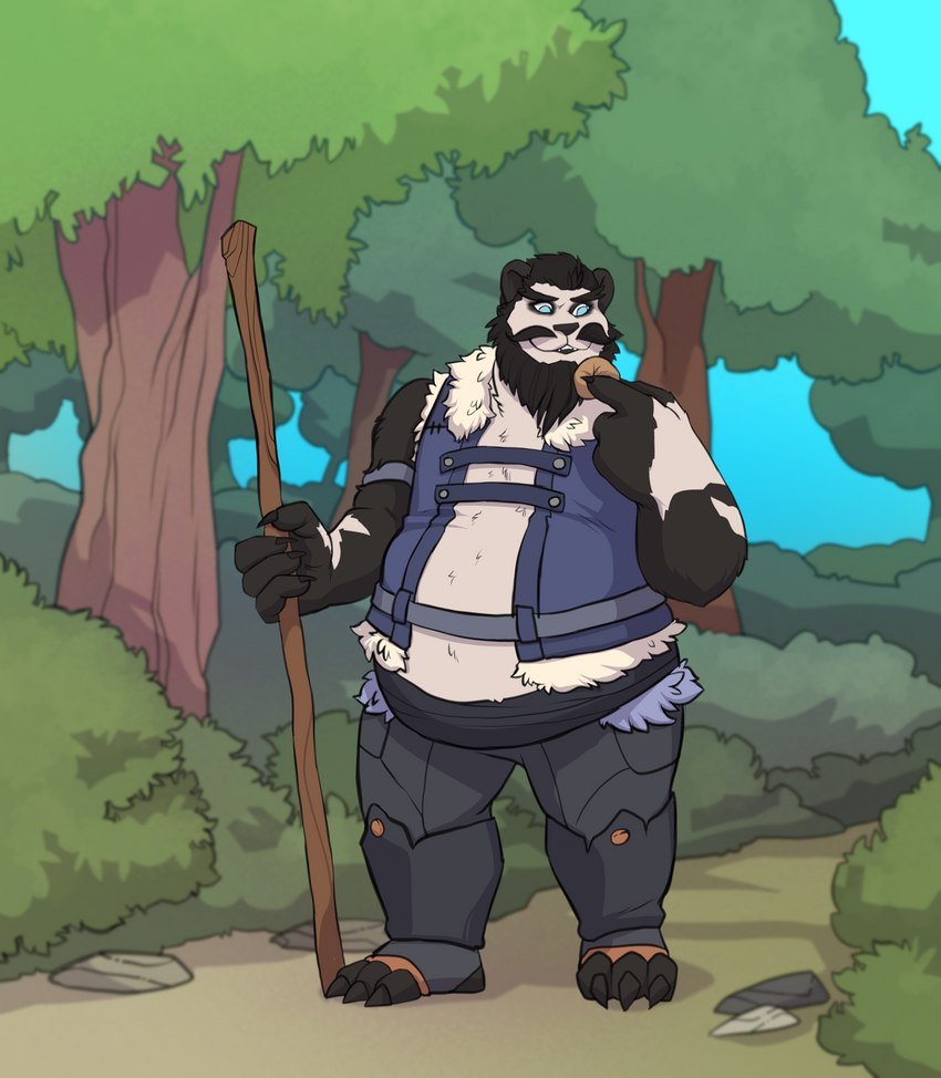 anthro barefoot beard black_body black_fur claws clothed clothing eating facial_hair feet food fur hair male multicolored_body multicolored_fur mustache overweight overweight_male smile solo white_body white_fur ronnie92 blizzard_entertainment warcraft ritao bear mammal pandaren absurd_res hi_res