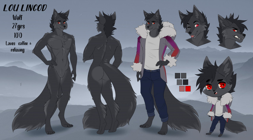 4_toes 5_fingers anthro black_body black_fur black_hair feet fingers fur hair male navel red_eyes solo text toes aimi lou_lingod canid canine canis mammal wolf 2020 digital_media_(artwork) english_text model_sheet