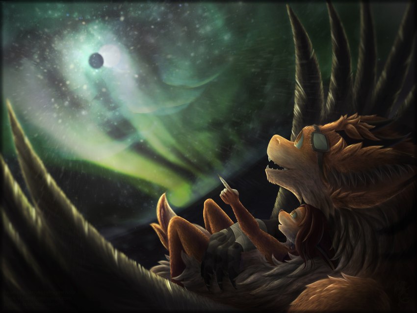 5_fingers anthro aurora_(phenomenon) biped brown_body brown_fur brown_hair brown_nose claws detailed_background digitigrade feet female fingerless_(marking) fingers fur green_claws green_inner_ear_fluff hair hand_on_belly head_tuft inner_ear_fluff laying_on_top lying_on_ground magic moon multicolored_body multicolored_fur multicolored_tail night on_ground orange_eyes short_hair tail tail_tuft tan_body tan_fur toe_claws tuft white_body white_fur dragon-noir mythology daniel156161_(character) lara_(daniel156161) avian canid canine dragon fox gryphon mammal mythological_avian mythological_creature mythological_scalie scalie 4:3 absurd_res digital_drawing_(artwork) digital_media_(artwork) hi_res