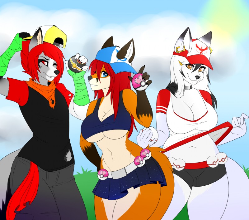 anthro big_breasts breasts clothed clothing female group hat headgear headwear holding_object holding_pokeball kerchief logo looking_at_viewer love_ball luxury_ball navel pokeball premier_ball smile standing teeth wide_hips kammymau nintendo pokemon pokemon_go team_instinct team_mystic team_valor samantha_arrow arctic_fox canid canine fox mammal red_fox true_fox hi_res