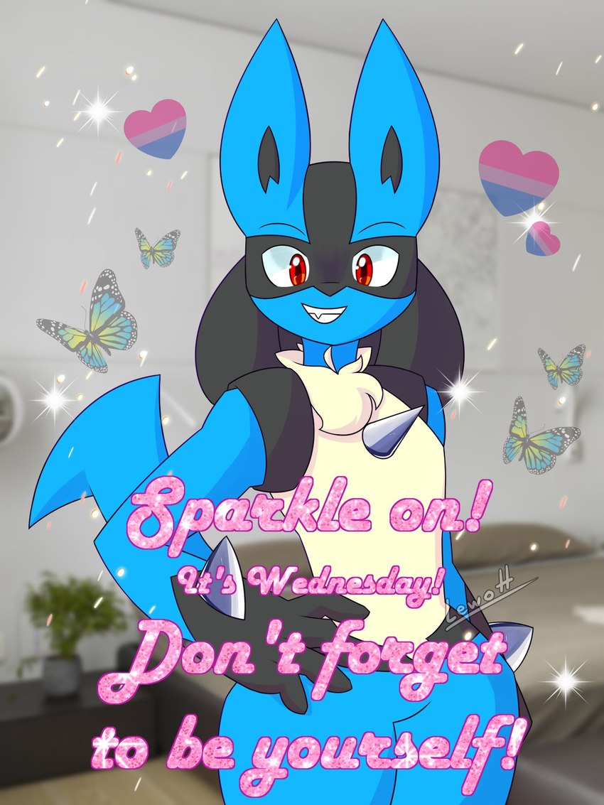 ambiguous_gender anthro bisexual_pride_colors chest_spike hand_on_hip hand_spike heart_symbol lgbt_pride motivational_poster pride_colors red_eyes smile solo spikes spikes_(anatomy) text thick_thighs lewott jerma985 nintendo pokemon jeremy_harrington ambient_arthropod ambient_insect arthropod butterfly generation_4_pokemon insect lepidopteran lucario pokemon_(species) 3:4 english_text hi_res meme reaction_image