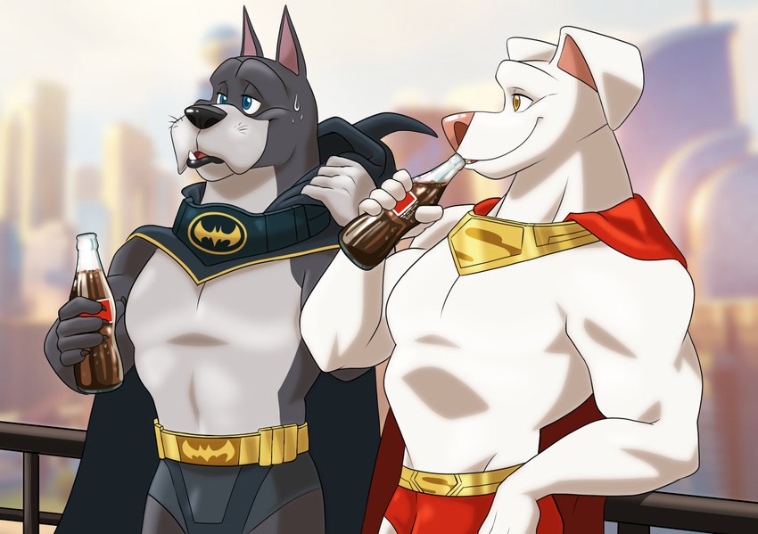 5_fingers anthro blue_eyes bulge cape city city_background clothed clothing fingers fur grey_body grey_fur male muscular muscular_anthro muscular_male pink_nose soda_bottle superhero superpowers topless topless_anthro topless_male white_body white_fur yellow_eyes zurdomon coca-cola dc_comics dc_league_of_super-pets krypto_the_superdog ace_the_bat-hound krypto canid canine canis domestic_dog mammal