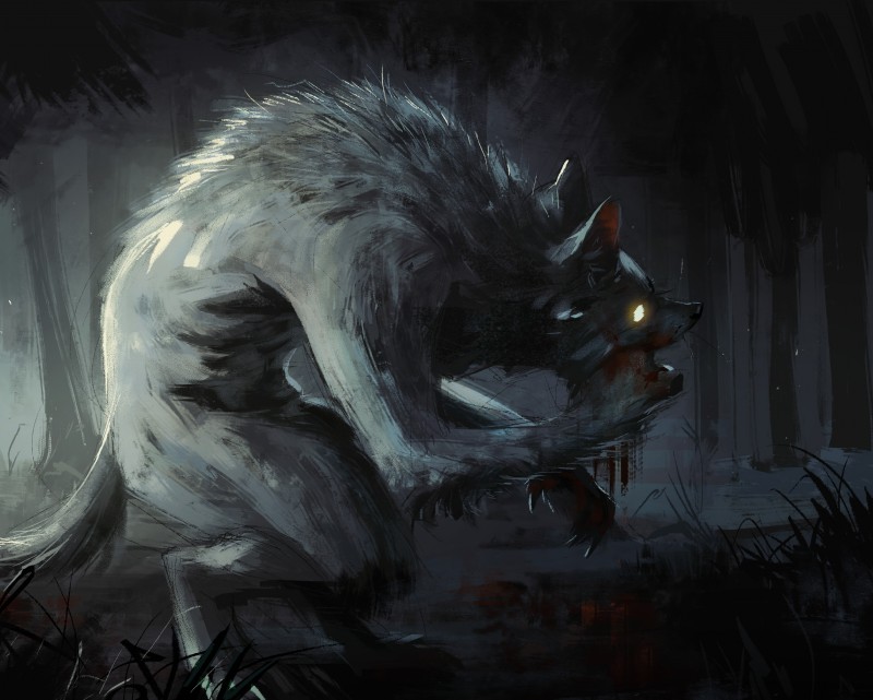 ambiguous_gender blood bodily_fluids claws eating glowing glowing_eyes grass outside plant semi-anthro solo standing tree monoflax mythology canid canine mammal mythological_canine mythological_creature werecanid werecanine werecreature werewolf 2018 absurd_res hi_res