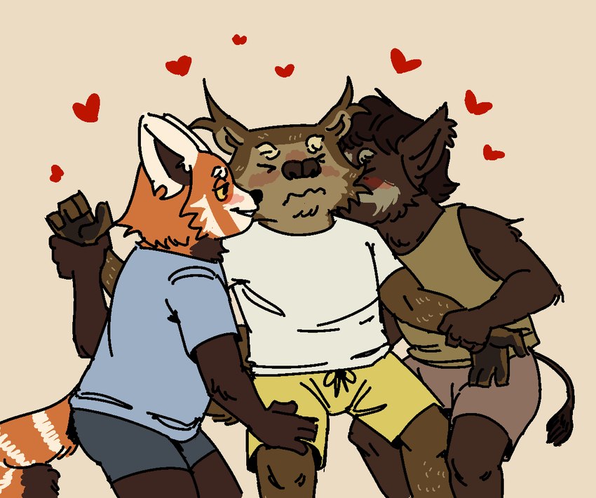 anthro arm_grab blush bottomwear clothing eyes_closed grabbing_wrist group half-closed_eyes hand_on_leg heart_symbol kissing looking_at_another male male/male narrowed_eyes selfcest shirt shorts sitting square_crossover t-shirt tail tank_top topwear trio ganii ganii_(character) ailurid binturong mammal red_panda suid suine sus_(pig) viverrid wild_boar 2025