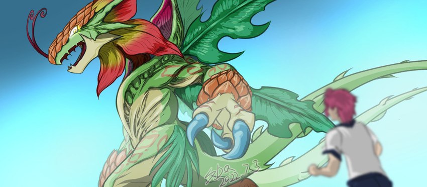 anthro claws duo flower green_body green_scales leaf looking_at_another plant scales tail kazu_kajito bandai_namco digimon digimon_survive mythology digimon_(species) dragon elemental_creature flora_fauna human mammal monster mythological_creature mythological_scalie scalie toropiamon hi_res