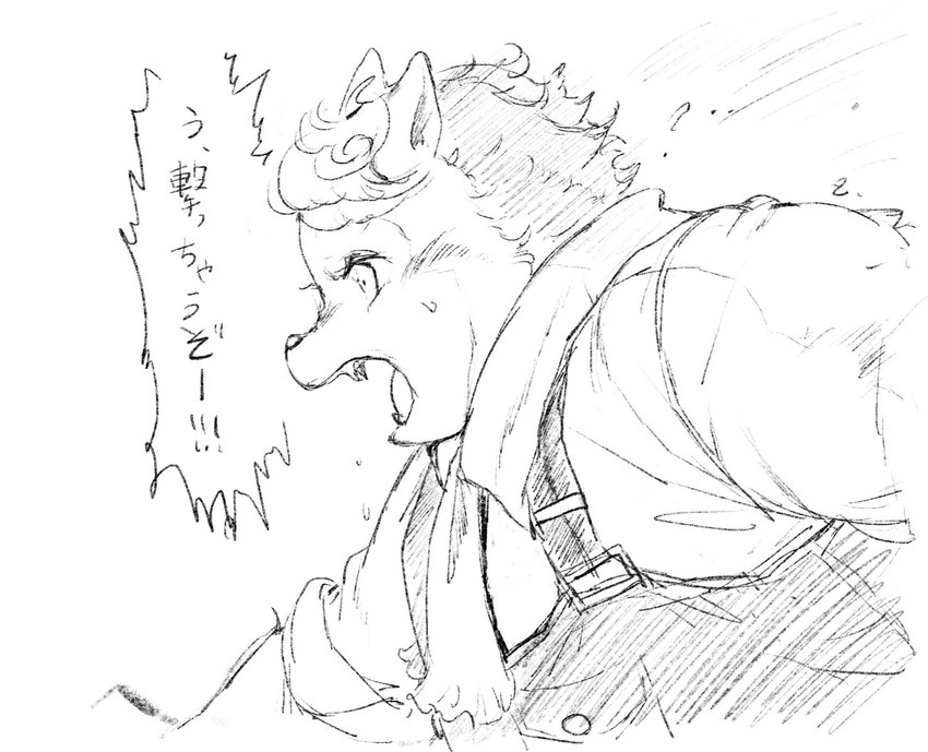 anthro clothing fangs male overalls scarf solo teeth text yelling young young_anthro young_male zettdot cyberconnect2 fuga:_melodies_of_steel little_tail_bronx boron_brioche domestic_cat felid feline felineko felis mammal hi_res japanese_text monochrome sketch