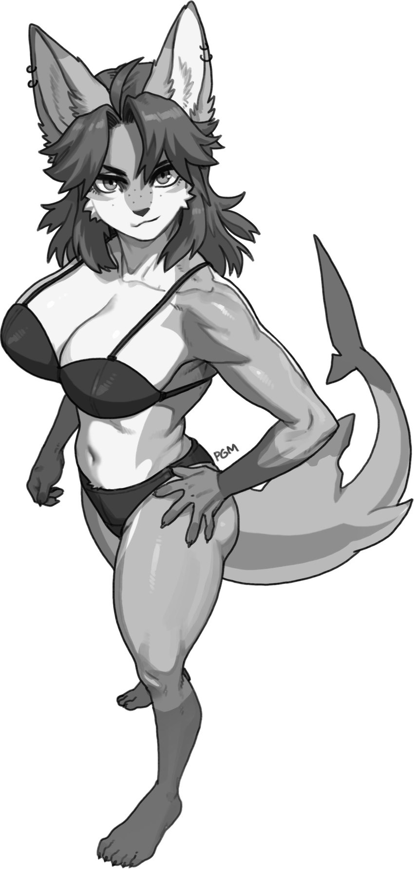 anthro big_breasts bra breasts clothing collarbone ear_piercing ear_ring eyebrows feet female fingers hair hand_on_hip humanoid_feet inner_ear_fluff looking_at_viewer navel panties piercing plantigrade ring_piercing shark_tail solo standing tail tuft underwear pgm300 anchovy_(cursedanchovy) canid canine fox hybrid mammal 2023 absurd_res digital_media_(artwork) hi_res monochrome