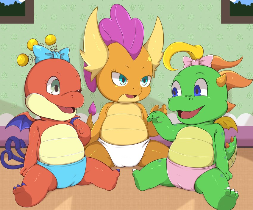 anthro clean_diaper clothed clothing diaper female group happy sitting slightly_chubby smile tail toddler topless trio wearing_diaper young young_anthro anonymous_artist dragon_tales friendship_is_magic hasbro my_little_pony mythology paper_mario:_the_thousand_year_door pbs hooktail kiki_(dragon_tales) smolder_(mlp) dragon mythological_creature mythological_scalie scalie absurd_res hi_res