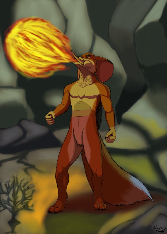 4_toes 5_fingers anthro big_tail breath_powers elemental_manipulation feet fingers fire fire_breathing fire_manipulation fur male paws simple_background smile solo standing tail toes tusks adryx_(artist) tripwire_(character) canid canine elephant elephantid fox hybrid mammal pholidine porcupine proboscidean rodent 2019 absurd_res hi_res