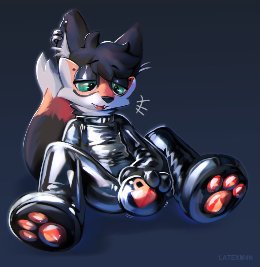 anthro big_bulge bulge bulge_grab clothing glistening glistening_body latex latex_clothing lock_bulge male null null_bulge pawpads solo latexm4n canid canine fox mammal absurd_res hi_res