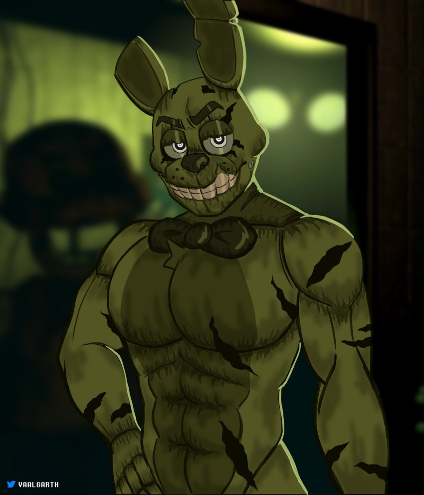 anthro bedroom_eyes biped blurred_background bow_tie eyebrows fur fur_tuft glowing glowing_eyes green_body green_fur half-closed_eyes hand_on_hip looking_at_viewer machine male muscular muscular_male narrowed_eyes notched_ear seductive smile solo standing teeth tuft white_eyes vaalgarth five_nights_at_freddy's five_nights_at_freddy's_3 scottgames springtrap_(fnaf) william_afton_(fnaf) animatronic human humanoid lagomorph leporid mammal rabbit robot undead 2022 absurd_res digital_media_(artwork) hi_res shaded