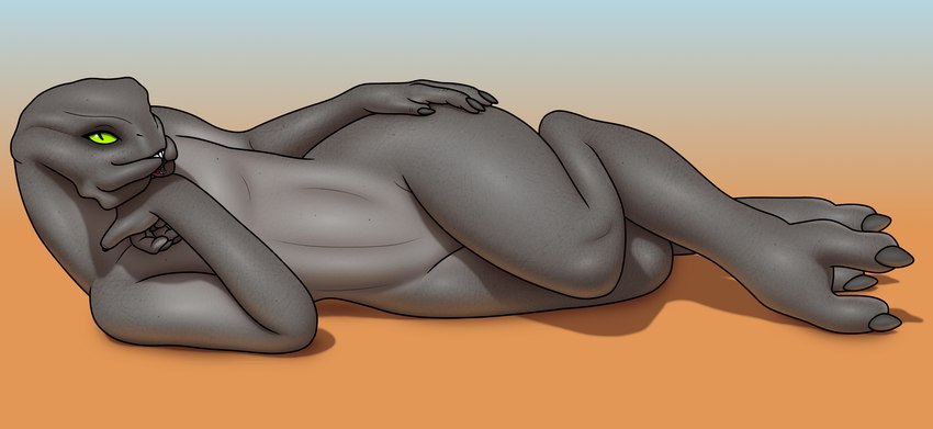 2_toes biped featureless_chest feet female flat_chested green_eyes grey_body grey_skin hand_on_hip head_on_hand looking_at_viewer lying mandibles nude on_side orange_background pose pupils seductive simple_background slit_pupils smile solo thick_thighs toes wide_hips some_sangheili halo_(series) microsoft xbox_game_studios alien humanoid sangheili scalie 2024 hi_res pinup