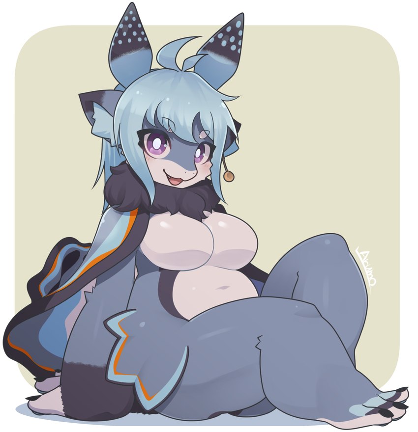 anthro black_body black_fur blush border breasts featureless_breasts female fur grey_body hair looking_at_viewer navel open_mouth purple_eyes sitting smile solo white_border arumo aquatic_gastropod gastropod marine mollusk nudibranch sea_slug slug 2023 hi_res