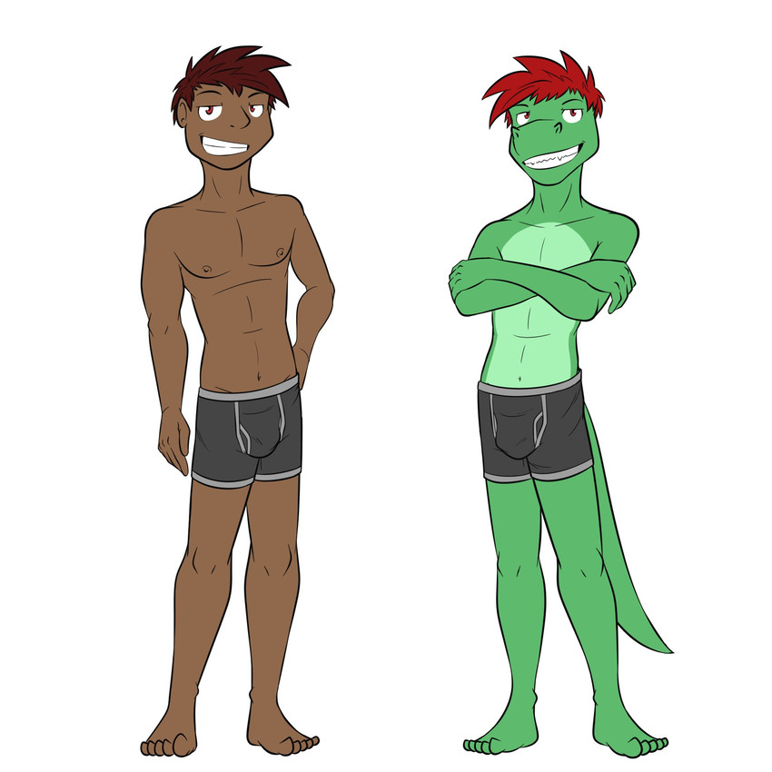 alternate_species anthro boxer_briefs bulge clothed clothing crossed_arms duo humanized male navel nipples simple_background topless underwear underwear_only white_background fuze texnatsu diego_abel alligator alligatorid crocodilian human mammal reptile scalie 1:1 hi_res