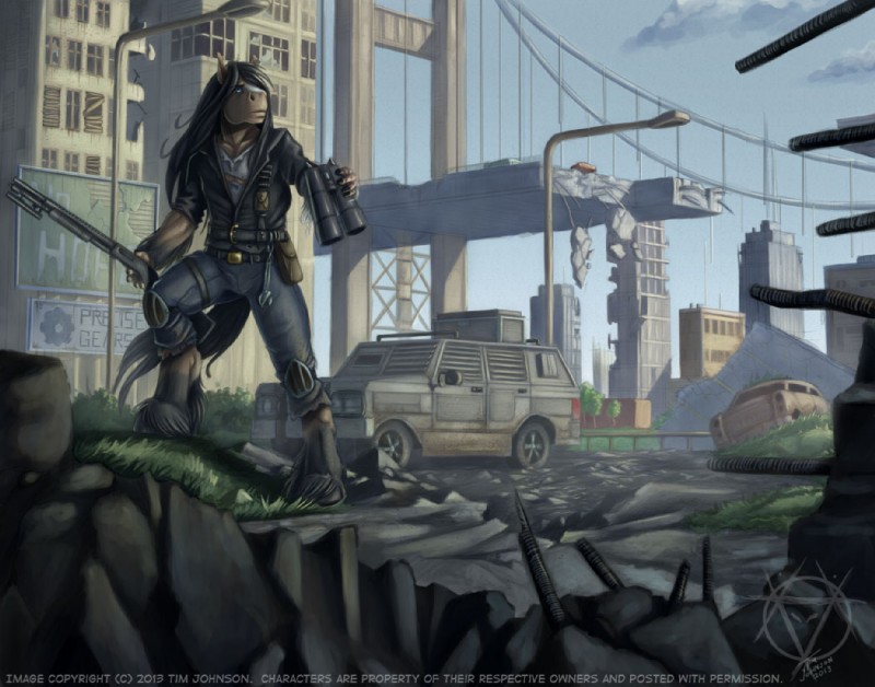 anthro barefoot binoculars biped black_hair bridge building car city clothed clothing cloud ears_up feet golden_gate_bridge grass gun hair hooves landmark long_hair male outside plant post-apocalyptic ranged_weapon ruins sky solo standing tree vehicle weapon stasis_delirium real_world ellis_(slaton) equid equine horse mammal