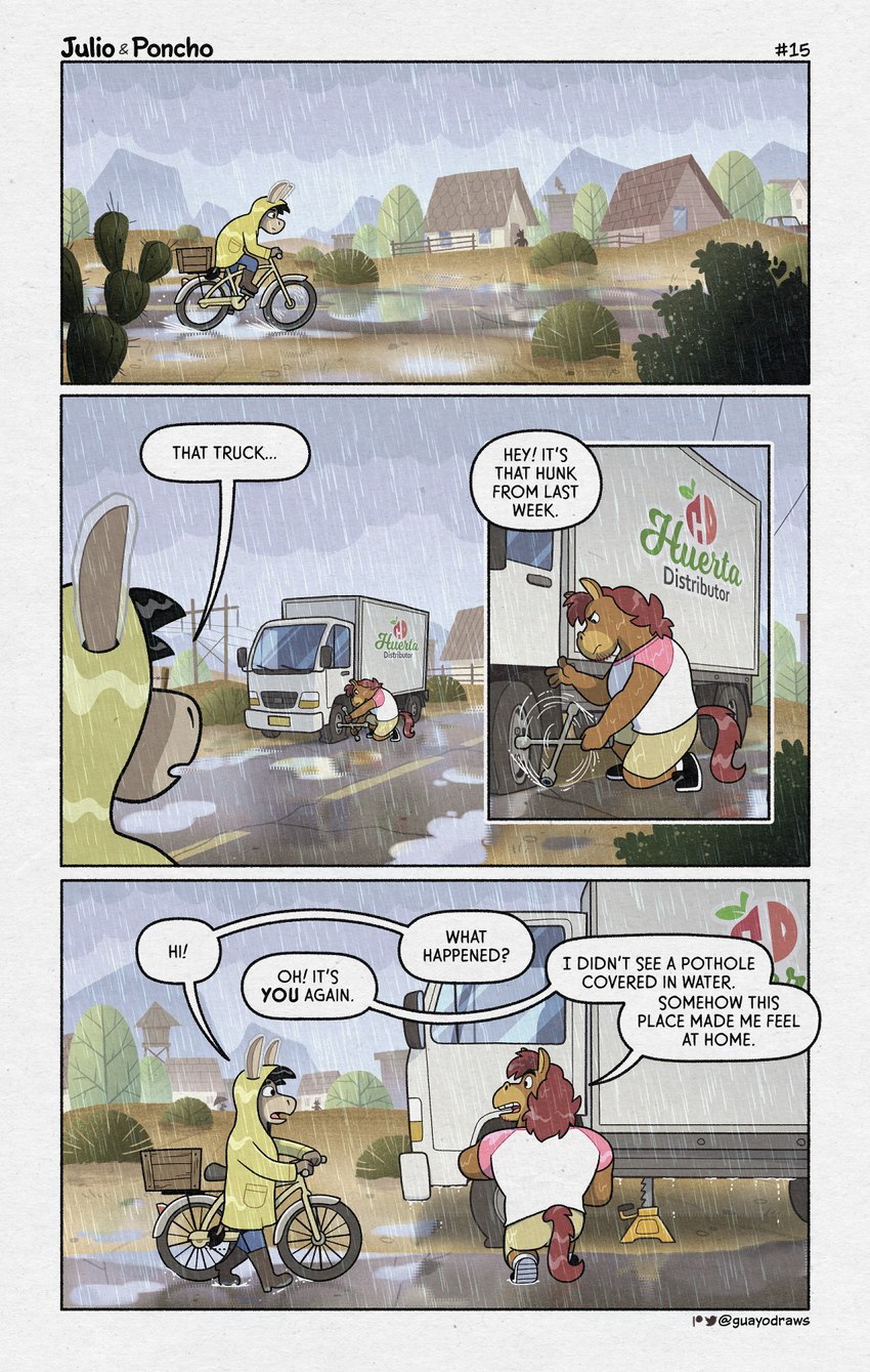 anthro bicycle bottomwear brown_body car clothing coat detailed_background dialogue duo male outside raincoat raining shirt shorts text topwear vehicle wet guayodraws julio_(julio_&_poncho) poncho_(julio_&_poncho) asinus donkey equid equine horse mammal 2023 comic english_text hi_res