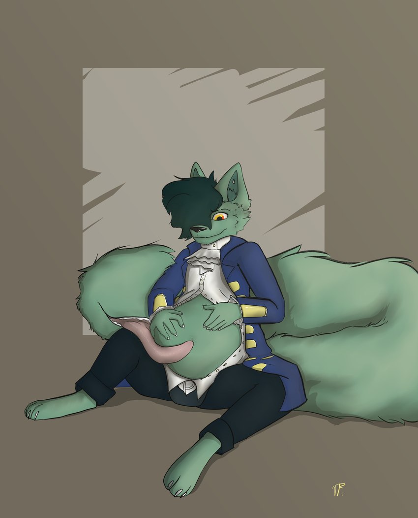 anthro belly clothing fur green_body green_fur green_hair green_wolf hair king male pregnant pregnant_anthro pregnant_male royalty sitting solo tail tail_mouth tongue uniform unusual_anatomy unusual_tail yellow_eyes tafy_tail tafy absurd_res hi_res