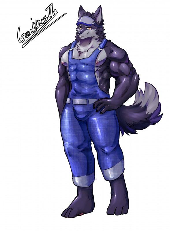 abs anthro biceps clothing fur male muscular muscular_anthro muscular_male nipples overalls pecs solo gomitus77 canid canine canis mammal wolf 2019 absurd_res digital_media_(artwork) hi_res