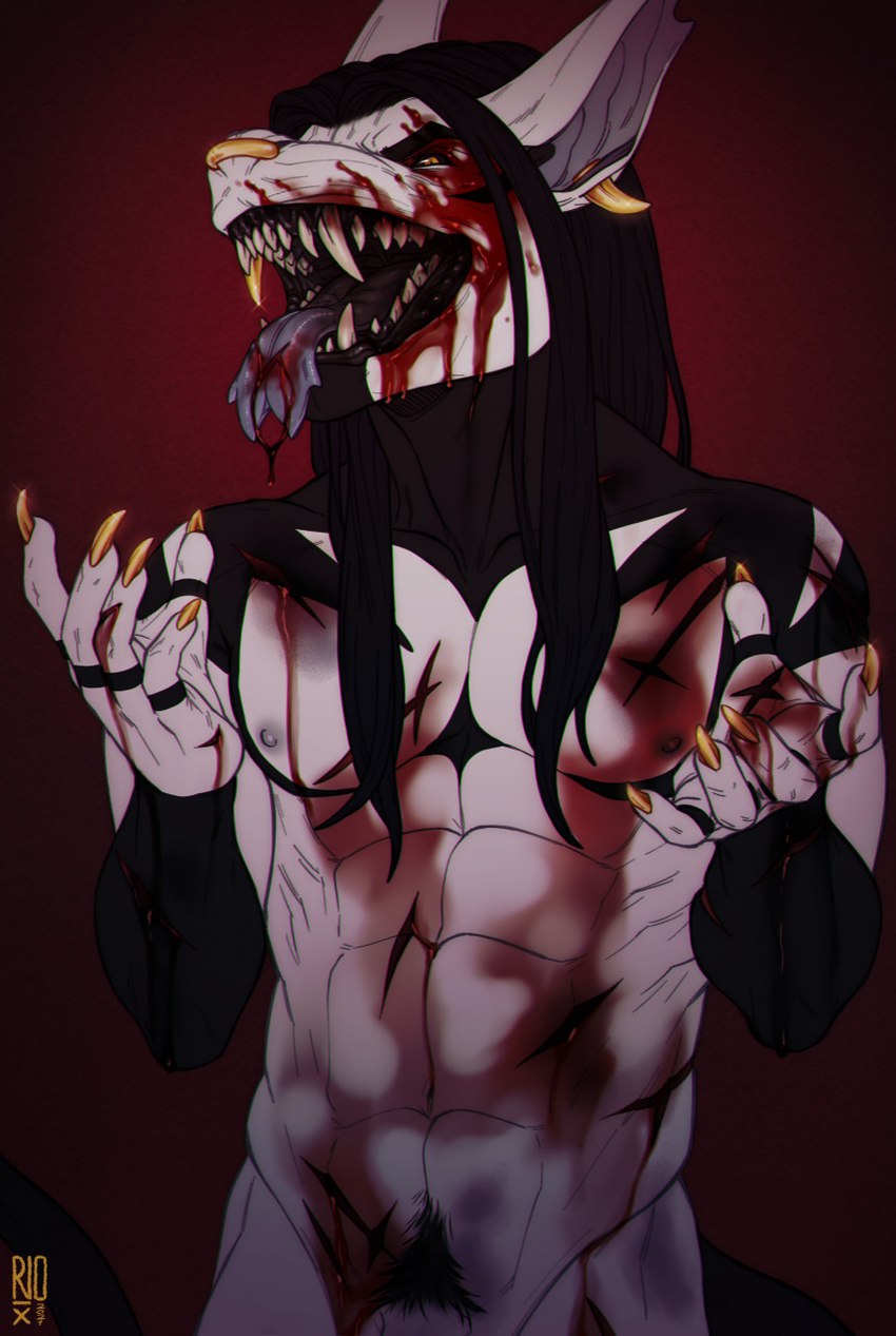 anthro black_body black_hair black_pubes black_sclera blood blood_on_chest blood_on_face blood_on_tongue bodily_fluids claws cut_(wound) ear_piercing facial_piercing fangs finger_claws forked_tongue gauged_ear genitals glistening glistening_eyes gold_(metal) gold_tooth gore hair logo looking_at_viewer male narrowed_eyes nose_piercing nose_ring penis penis_base piercing pubes ring_piercing septum_piercing septum_ring sharp_teeth simple_background solo teeth tongue tongue_out white_body white_ears white_penis yellow_eyes riorix 2021 artist_logo dated half-length_portrait hi_res portrait