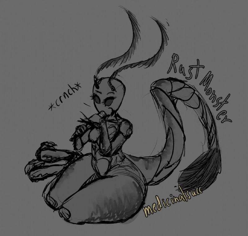 antennae_(anatomy) breasts curvy_figure eating female melee_weapon monster_girl_(genre) nude rust simple_background solo sound_effects sword thick_thighs weapon wide_hips medicinal_succ pathfinder animal_humanoid arthropod arthropod_humanoid humanoid rust_monster 2019 digital_media_(artwork) monochrome sketch