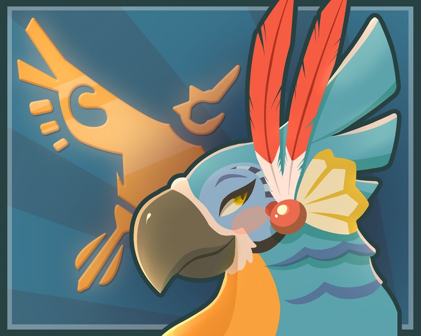 ambiguous_gender anthro beak blue_body blue_feathers eyebrows feather_accessory feathered_crest feathers grey_beak head_crest narrowed_eyes side_view smile solo yellow_body yellow_eyes yellow_feathers braeburned breath_of_the_wild nintendo the_legend_of_zelda kass_(tloz) avian rito 2017 digital_drawing_(artwork) digital_media_(artwork) headshot_portrait lineless portrait shaded