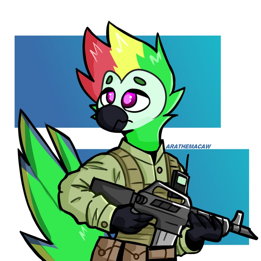 anthro feathers green_body green_feathers gun m4a1 male military ranged_weapon soldier solo warrior weapon arathemacaw ara_(arathemacaw) avian bird macaw neotropical_parrot parrot true_parrot 1:1 absurd_res hi_res