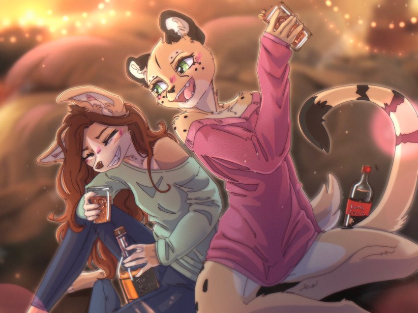 5_fingers alcohol anthro beverage blush bottle bottomless bottomwear breasts brown_body brown_fur brown_hair clenched_teeth clothed clothed_anthro clothed_female clothing container countershade_torso countershading duo eyes_closed female fingers fully_clothed fully_clothed_anthro fully_clothed_female fur green_eyes hair holding_glass holding_object inner_ear_fluff markings open_mouth open_smile pants partially_clothed partially_clothed_anthro partially_clothed_female shirt sitting smile soda striped_markings striped_tail stripes tail tail_markings teeth tongue topwear topwear_only tuft whiskey yellow_body yellow_fur yshanii cotton_(yshanii) tabitha_(crash2draw) canid canine canis cheetah dingo felid feline mammal 2024 digital_media_(artwork) hi_res